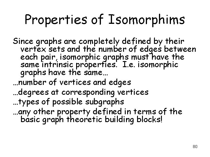 Properties of Isomorphims Since graphs are completely defined by their vertex sets and the Properties of Isomorphims Since graphs are completely defined by their vertex sets and the