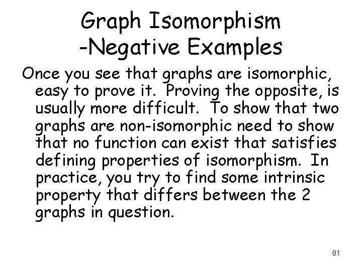 Graph Isomorphism -Negative Examples Once you see that graphs are isomorphic, easy to prove Graph Isomorphism -Negative Examples Once you see that graphs are isomorphic, easy to prove