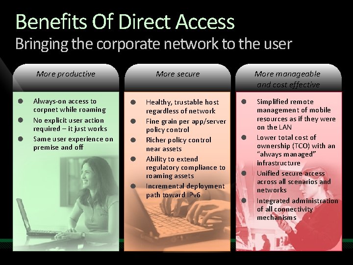 Benefits Of Direct Access Bringing the corporate network to the user More productive Always-on