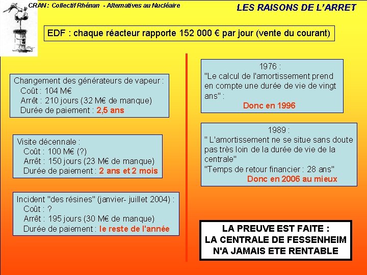 CRAN : Collectif Rhénan - Alternatives au Nucléaire LES RAISONS DE L’ARRET EDF :