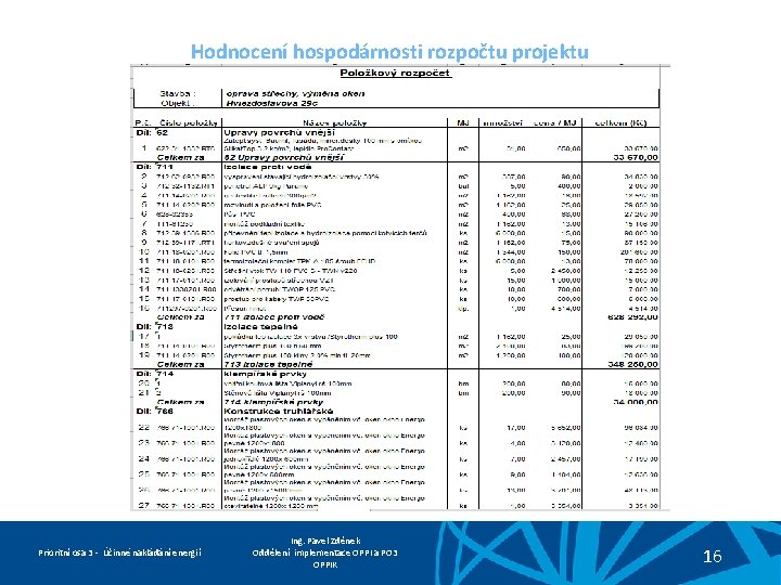 Hodnocení hospodárnosti rozpočtu projektu Prioritní osa 3 - Účinné nakládání energií Ing. Pavel Zděnek