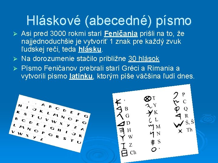 Hláskové (abecedné) písmo Asi pred 3000 rokmi starí Feničania prišli na to, že najjednoduchšie