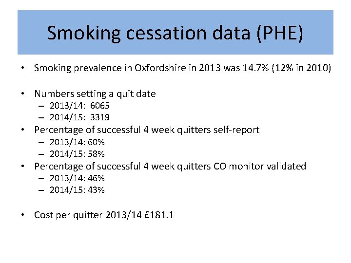 Smoking cessation data (PHE) • Smoking prevalence in Oxfordshire in 2013 was 14. 7% Smoking cessation data (PHE) • Smoking prevalence in Oxfordshire in 2013 was 14. 7%