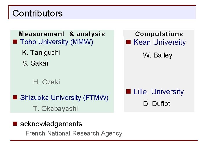 Contributors Measurement & analysis n Toho University (MMW) K. Taniguchi Computations n Kean University