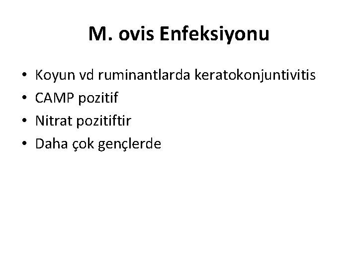 M. ovis Enfeksiyonu • • Koyun vd ruminantlarda keratokonjuntivitis CAMP pozitif Nitrat pozitiftir Daha