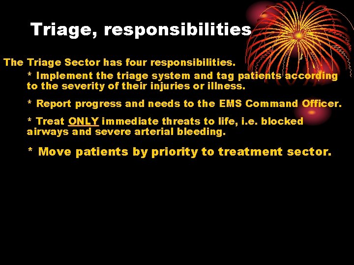 Triage, responsibilities The Triage Sector has four responsibilities. * Implement the triage system and