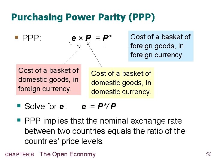 Purchasing Power Parity (PPP) § PPP: e × P = P* Cost of a