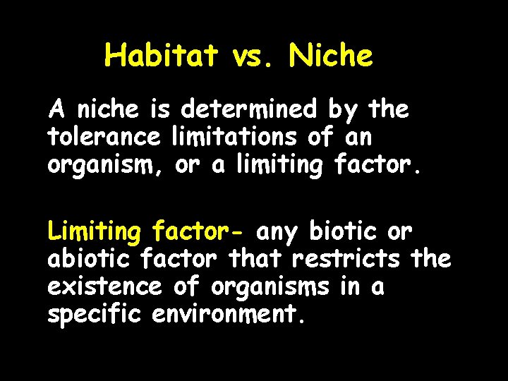 Habitat vs. Niche A niche is determined by the tolerance limitations of an organism,