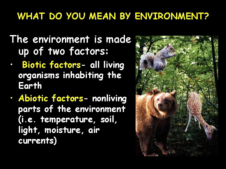 WHAT DO YOU MEAN BY ENVIRONMENT? The environment is made up of two factors: