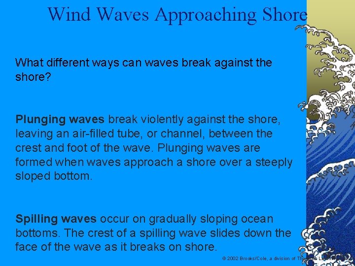 Wind Waves Approaching Shore What different ways can waves break against the shore? Plunging