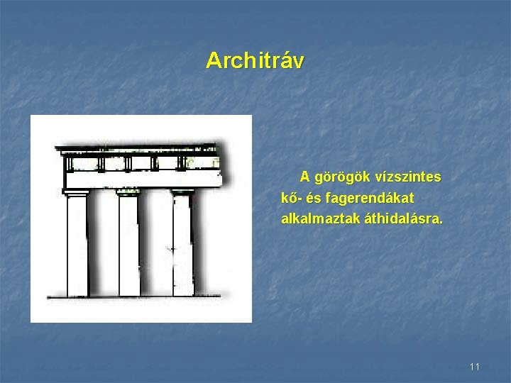 Architráv A görögök vízszintes kő- és fagerendákat alkalmaztak áthidalásra. 11 