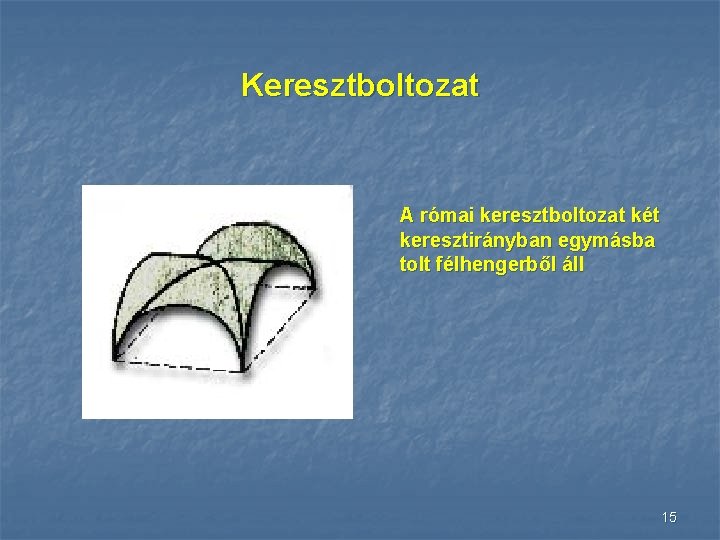 Keresztboltozat A római keresztboltozat két keresztirányban egymásba tolt félhengerből áll 15 