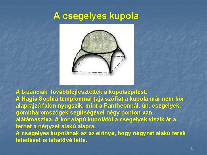 A csegelyes kupola A bizánciak továbbfejlesztették a kupolaépítést. A Hagia Sophia templomnál (aja szófia)