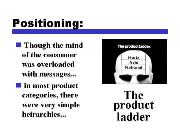 Positioning: n Though the mind of the consumer was overloaded with messages. . .