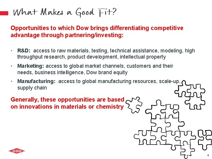 Opportunities to which Dow brings differentiating competitive advantage through partnering/investing: • R&D: access to