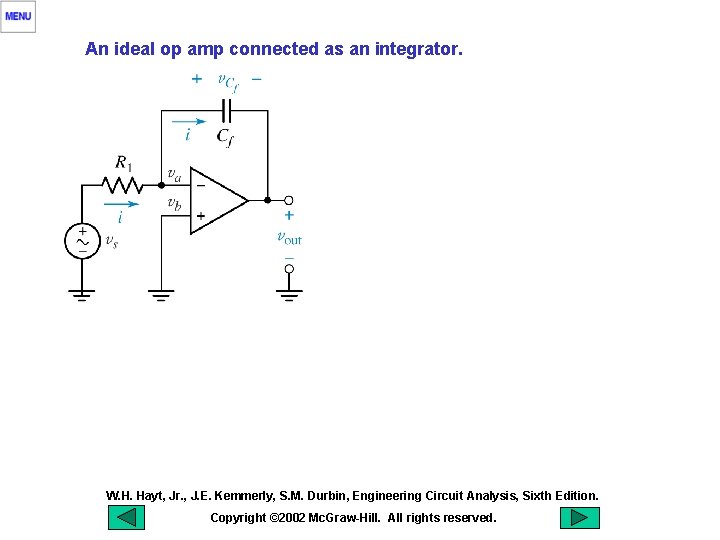 An ideal op amp connected as an integrator. W. H. Hayt, Jr. , J.