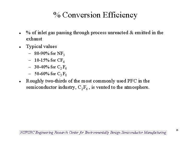 % Conversion Efficiency l l % of inlet gas passing through process unreacted &