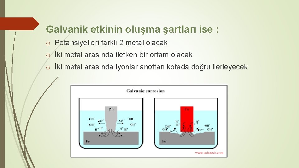 Galvanik etkinin oluşma şartları ise : o Potansiyelleri farklı 2 metal olacak o İki