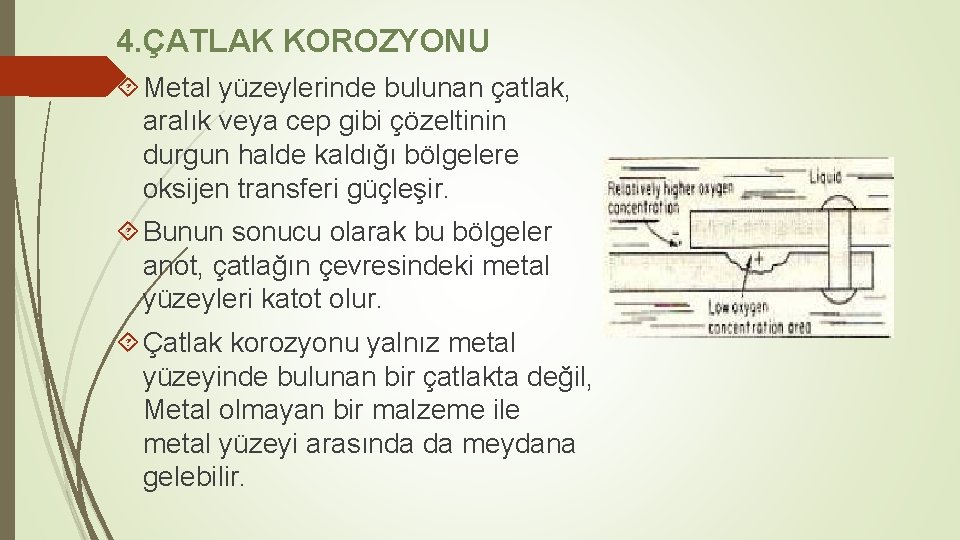 4. ÇATLAK KOROZYONU Metal yüzeylerinde bulunan çatlak, aralık veya cep gibi çözeltinin durgun halde