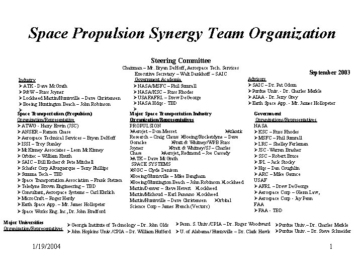 Space Propulsion Synergy Team Organization Steering Committee Chairman – Mr. Bryan De. Hoff, Aerospace
