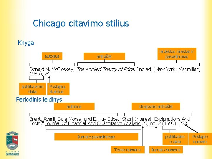 Chicago citavimo stilius Knyga autorius leidyklos miestas ir pavadinimas antraštė Donald N. Mc. Closkey,