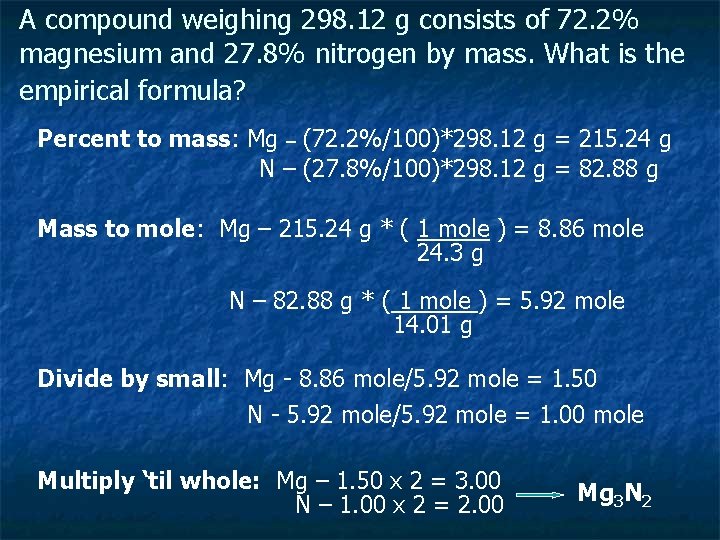 A compound weighing 298. 12 g consists of 72. 2% magnesium and 27. 8%