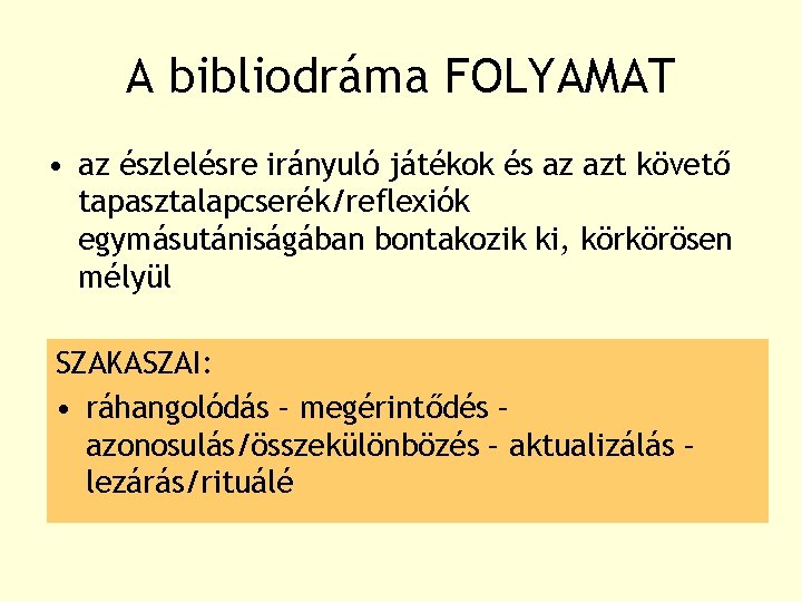 A bibliodráma FOLYAMAT • az észlelésre irányuló játékok és az azt követő tapasztalapcserék/reflexiók egymásutániságában