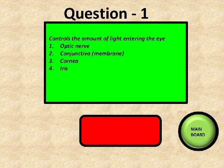 Question - 1 Controls the amount of light entering the eye 1. Optic nerve