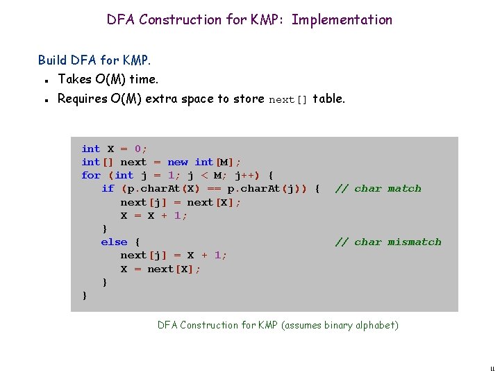 DFA Construction for KMP: Implementation Build DFA for KMP. n n Takes O(M) time.