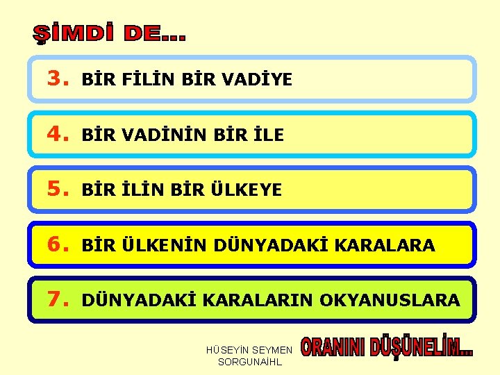 3. BİR FİLİN BİR VADİYE 4. BİR VADİNİN BİR İLE 5. BİR İLİN BİR