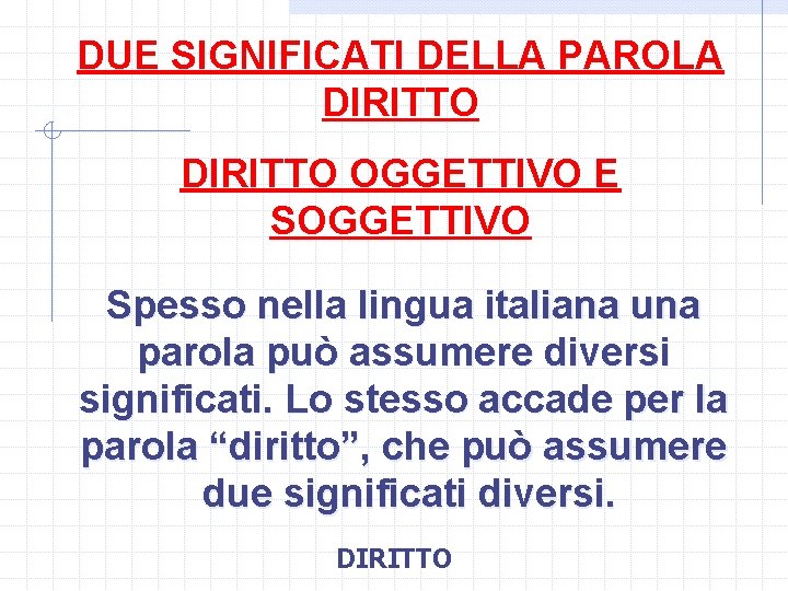 DUE SIGNIFICATI DELLA PAROLA DIRITTO OGGETTIVO E SOGGETTIVO Spesso nella lingua italiana una parola