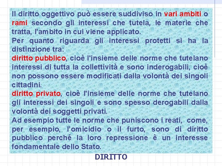 Il diritto oggettivo può essere suddiviso in vari ambiti o rami secondo gli interessi