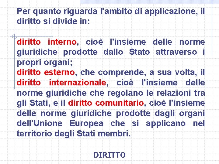 Per quanto riguarda l'ambito di applicazione, il diritto si divide in: diritto interno, cioè