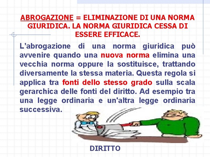 ABROGAZIONE = ELIMINAZIONE DI UNA NORMA GIURIDICA. LA NORMA GIURIDICA CESSA DI ESSERE EFFICACE.