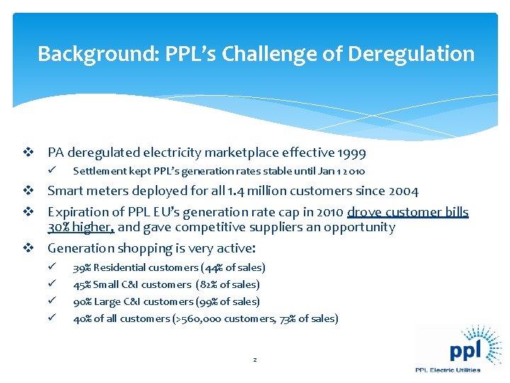 Background: PPL’s Challenge of Deregulation v PA deregulated electricity marketplace effective 1999 ü Settlement Background: PPL’s Challenge of Deregulation v PA deregulated electricity marketplace effective 1999 ü Settlement