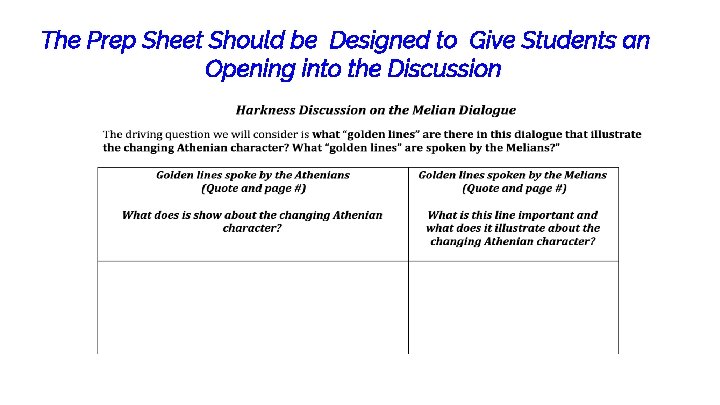 The Prep Sheet Should be Designed to Give Students an Opening into the Discussion