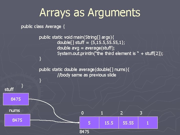 Arrays as Arguments public class Average { public static void main(String[] args){ double[] stuff