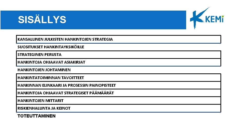 SISÄLLYS KANSALLINEN JULKISTEN HANKINTOJEN STRATEGIA SUOSITUKSET HANKINTAYKSIKÖILLE STRATEGINEN PERUSTA HANKINTOJA OHJAAVAT ASIAKIRJAT HANKINTOJEN JOHTAMINEN