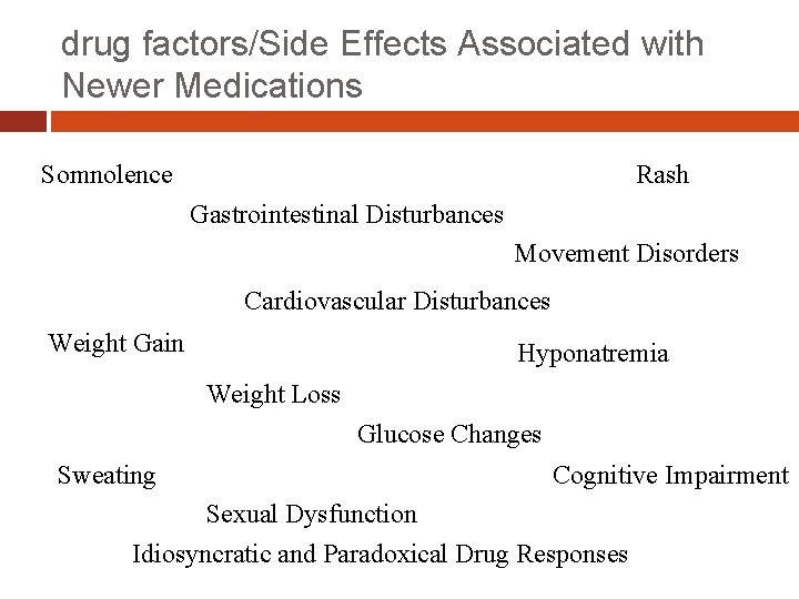 drug factors/Side Effects Associated with Newer Medications Somnolence Rash Gastrointestinal Disturbances Movement Disorders Cardiovascular