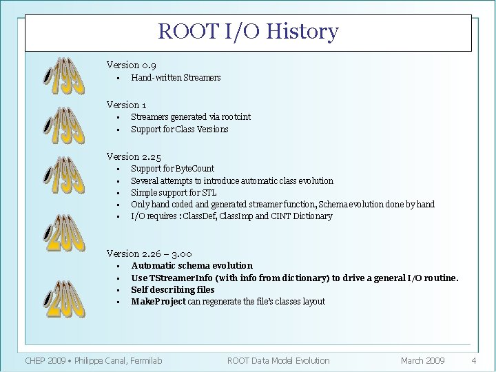 ROOT I/O History Version 0. 9 • Hand-written Streamers Version 1 • • Streamers