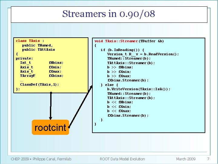 Streamers in 0. 90/08 class TAxis : public TNamed, public TAtt. Axis { private: