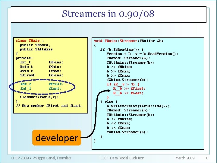 Streamers in 0. 90/08 class TAxis : public TNamed, public TAtt. Axis { private: