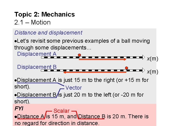 Topic 2: Mechanics 2. 1 – Motion Distance and displacement Let’s revisit some previous