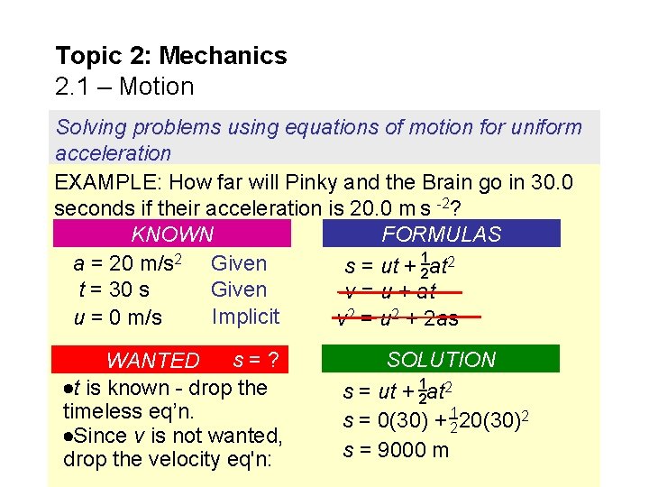 Topic 2: Mechanics 2. 1 – Motion Solving problems using equations of motion for
