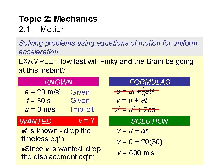 Topic 2: Mechanics 2. 1 – Motion Solving problems using equations of motion for