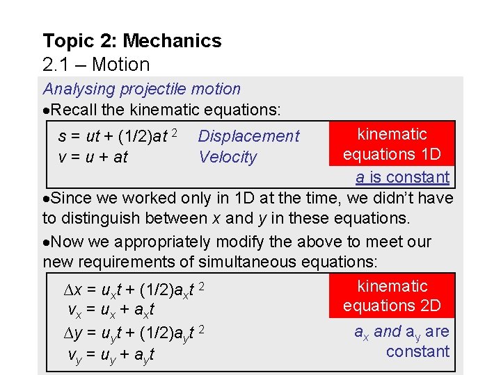 Topic 2: Mechanics 2. 1 – Motion Analysing projectile motion Recall the kinematic equations: