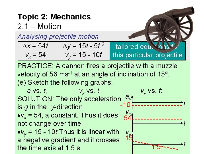 Topic 2: Mechanics 2. 1 – Motion Analysing projectile motion ∆x = 54 t