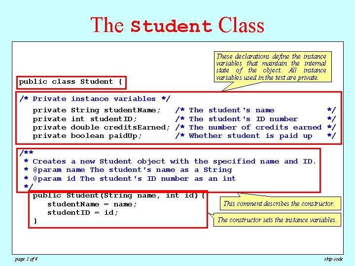 The Student Class These declarations define the instance variables that maintain the internal state