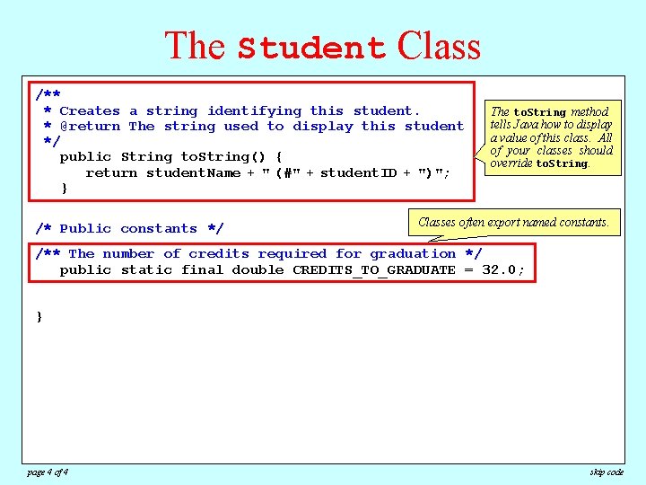 The Student Class /** Gets theanumber credits earned. * Creates stringof identifying this student.