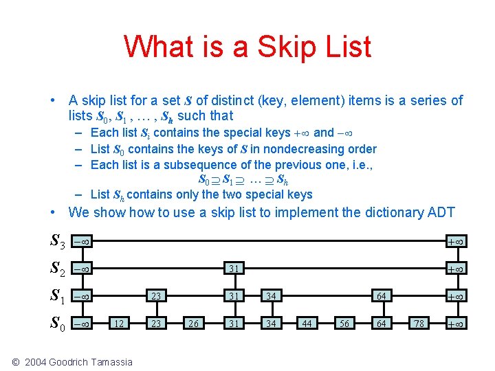 What is a Skip List • A skip list for a set S of